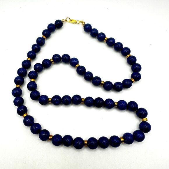 Jewelry - 20" Revived 8mm beaded lapis lazuli necklace with gold tone accents, 925 clasp!